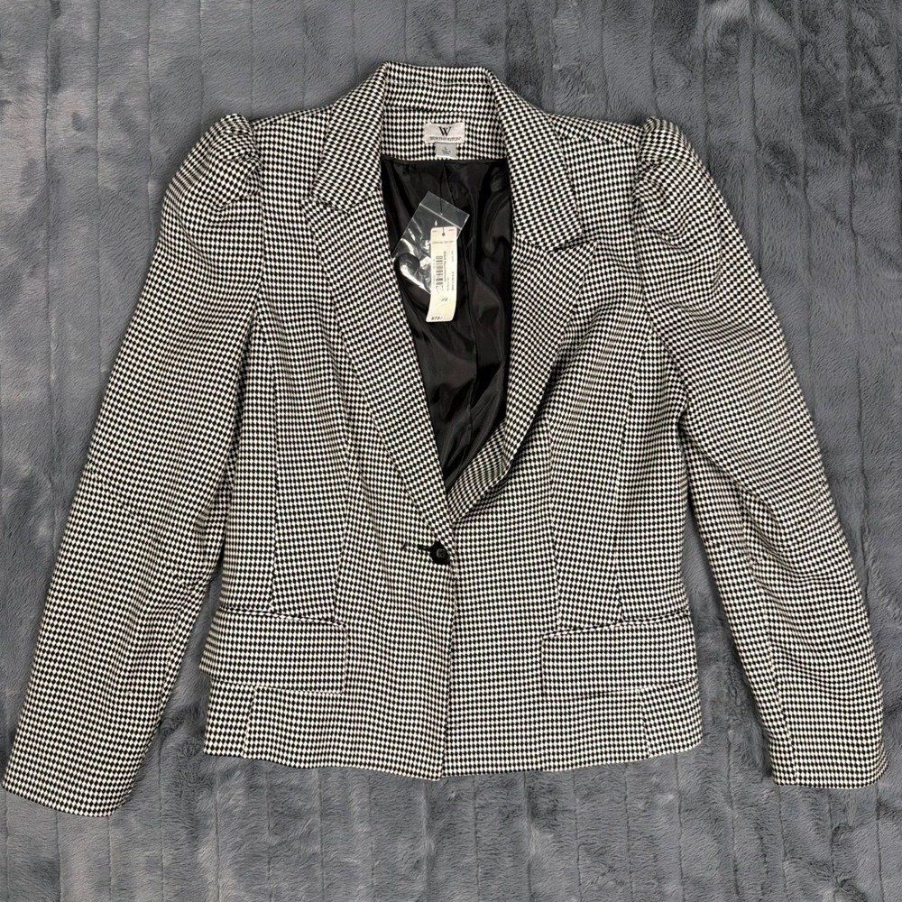 Worthington Womens Houndstooth Blazer Black White Puff Shoulder Zipper Back L